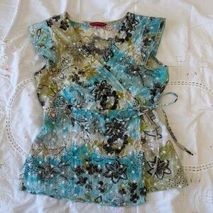 Floral Wrap Top in Blue and Green